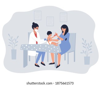 La enfermera le administra la vacuna al niño en presencia de la madre. Mamá con un niño en una sala de tratamiento con una vacuna de rutina. Un bebé en un pañal. Ilustración vectorial plana.