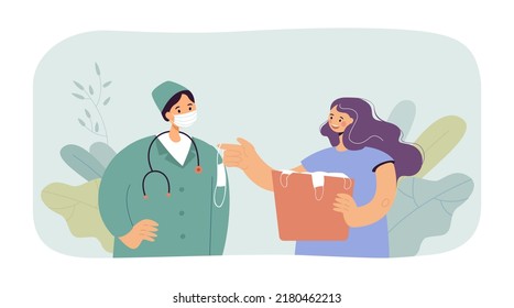Nurse giving clean facial mask to doctor. Therapist wearing medical mask for health protection flat vector illustration. Medicine, coronavirus concept for banner, website design or landing web page