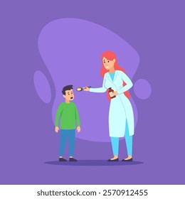 Nurse giving cough syrup to little patient vector illustration. Female doctor in white coat with remedy and boy taking medicine. Medicine, occupation, treatment and healthcare concept