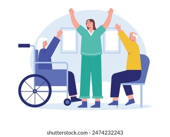 The nurse is giving exercise to grandma and grandpa in the nursing home, an activity every day in the morning. Character design. Vector flat illustration