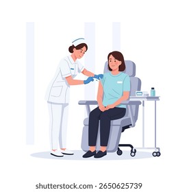 Enfermeira que administra a injeção ao paciente no consultório médico.