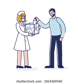 Nurse giving medical mask to man during covid-19 pandemic and quarantine. Covid prevention and coronavirus safety measures concept. Linear vector illustration