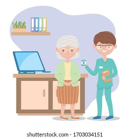 nurse giving medicine at old woman patient care, doctors and elderly people vector illustration
