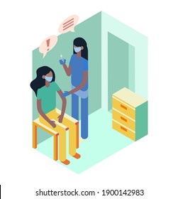 Nurse giving a patient injection. Vaccination isometric vector illustration.