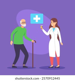 Nurse giving pills to old man with cane vector illustration. Female doctor in white coat with remedy and senior patient taking medicine. Medicine, occupation, treatment and healthcare concept