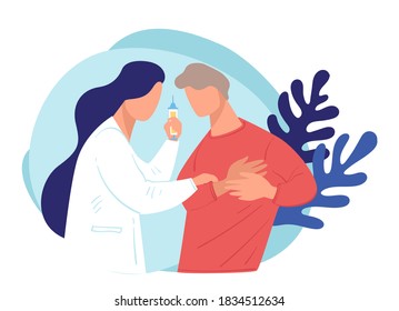 Nurse giving shot or painkillers for patients with aching heart. Male character having stroke in hospital or clinics with doctor. Doc caring for male, lady giving treatment for man, vector in flat