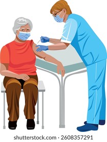 Nurse giving a vaccination injection to an elderly woman in the arm Vector