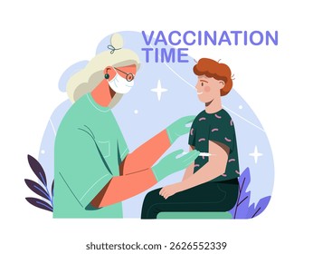 Nurse giving a vaccine to a smiling child in a cartoon style, with soft colors and abstract shapes in the background. Concept of healthcare. Vector illustration