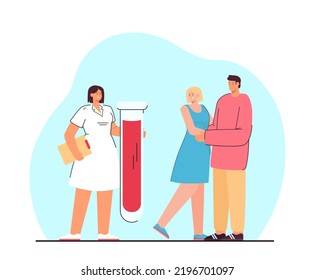 Nurse with glass tube and married couple hugging. Man and woman planning pregnancy or getting infertility treatment flat vector illustration. Medicine, infertility, family, health concept for banner