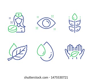 Nurse, Gluten free and Leaf line icons set. Health eye, Oil drop and Fair trade signs. Medicine pill, Bio ingredients, Nature leaves. Optometry. Healthcare set. Line nurse outline icons. Vector