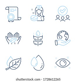 Nurse, Gluten free and Leaf line icons set. Diploma certificate, save planet, group of people. Health eye, Oil drop and Fair trade signs. Medicine pill, Bio ingredients, Nature leaves. Vector