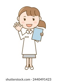 A nurse greeting with a medical record_Full body illustration of a woman in a white coat