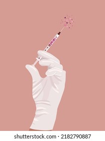 Nurse hand holding a syringe with little hearts inside. Beauty anti-age  injection concept illustration