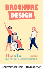 Nurse with handicapped man greeting woman. Wheelchair, age, mask flat vector illustration. Medical assistance and retirement concept for banner, website design or landing web page