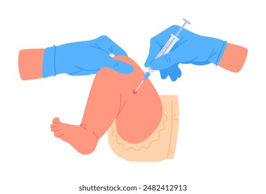 Nurse hands in rubber gloves vaccinating baby. Vaccination process, doctor hands holding syringe with vaccine flat vector illustration. Childhood vaccination concept