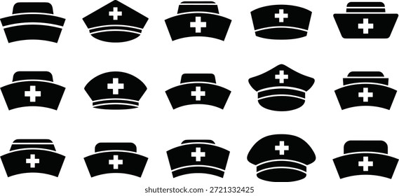 Nurse hat icon set vector illustration, medical healthcare uniform symbols collection, hospital staff cap designs, black flat silhouette style, isolated professional graphic elementsNurse hat icon set vector illustration, medical healthcare uniform symbols collection, hospital staff cap designs, black flat silhouette style, isolated professional graphic elements