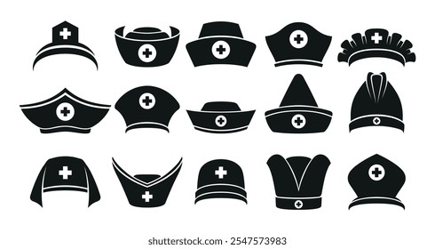 Nurse hat with medical cross black silhouette different shape icon set vector flat illustration. Healthcare medicine doctor assistant costume headdress hospital nursing clothes headwear