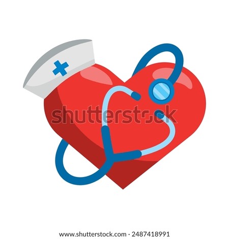 nurse hat stethoscope and heart isolated