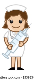 Nurse Having Syringe - Medical Cartoon Vector Character
