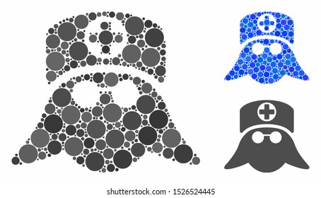 Nurse head mosaic for nurse head icon of spheric dots in variable sizes and color tints. Vector round dots are united into blue mosaic. Dotted nurse head icon in usual and blue versions.