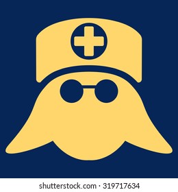 Nurse Head vector icon. Style is flat symbol, yellow color, rounded angles, blue background.