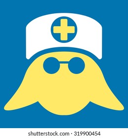 Nurse Head vector icon. Style is bicolor flat symbol, yellow and white colors, rounded angles, blue background.