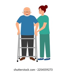 Nurse help senior man walking practice in flat design on white background. Old man with walker medical aid.