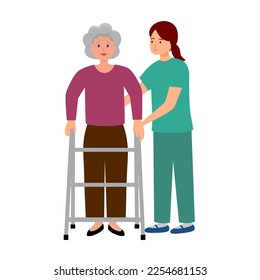 Nurse help senior woman walking practice in flat design on white background. Old woman with walker aid.