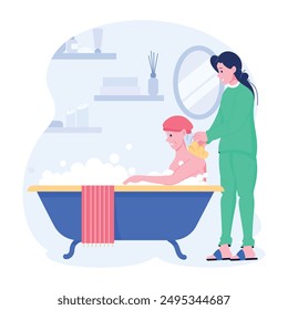 Nurse helping with elderly bath, flat style illustration 