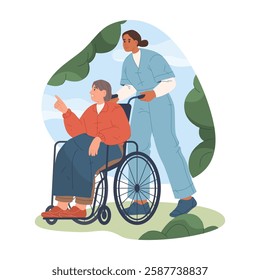 Nurse helping elderly woman in wheelchair walking outside. Vector healthcare walker assisting senior or old patient outdoor. Support for mobility and cure at nursing home or retirement center. Health