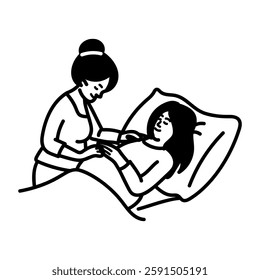 Nurse helping woman with labor pain, doodle icon
