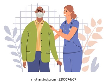 A nurse helps an elderly black man. A female doctor helps an older man to walk, supporting him. An old grandfather with a cane and a medical worker on a background with plants. Flat style, vector.