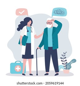 Nurse helps elderly man with Alzheimer's. Grandfather thoughts get confused and memories forgotten. Senile dementia concept. Volunteer supports older patient with amnesia. Flat vector illustration