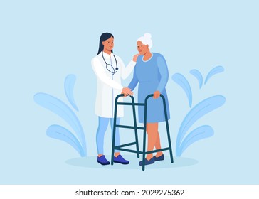 Nurse helps elderly patient with a walker. People in orthopedic therapy rehabilitation. Therapist working with disabled person, rehabilitating physical activity, physiotherapy. Doctor with senior man