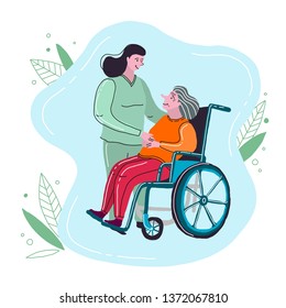 Nurse Helps Elderly Woman. Caring For The Elderly. Vector Illustration In A Hand Drawn Style. Palliative Care.