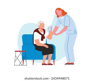 A nurse helps an elderly woman to drink while she in the sofa. Flat style design character vector illustration design