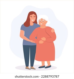 A nurse helps an elderly woman. Old lady's support. Vector graphics.