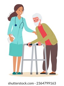 Una enfermera ayuda a un abuelo con un caminante. Un anciano enfermo con un caminante y un doctor. Vector plano.