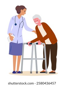 Nurse helps a grandfather with a walker. An old infirm man with a walker and a doctor. Flat vector.