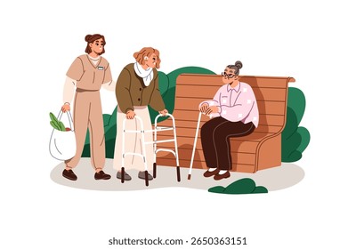 Nurse helps granny with walker walk to bench. Social worker cares about senior people. Old women sit in park. Volunteer assists elderly ladies. Flat isolated vector illustration on white background