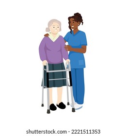 Nurse helps her grandmother to go to the walker. Caring for the elderly. Vector illustration in a flat style