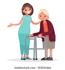 Nurse helps her grandmother to go to the walker. Caring for the elderly. Vector illustration in a flat style
