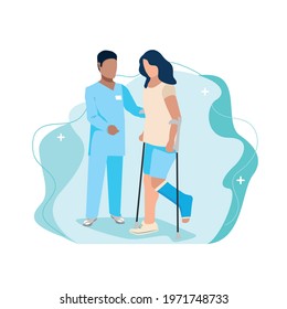 A nurse helps a patient with a broken leg walk on crutches. Doctor and patient. A girl with a cast leg on crutches. Flat background vector illustration.