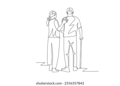 Nurse helps patient walk. Visiting nurse concept one-line drawing