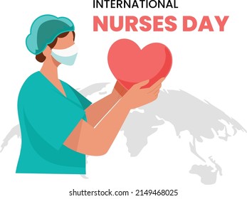 Nurse hold love icon when international nurses day on globe background. Flat vector illustration isolated.