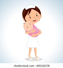 Nurse holding baby girl. Vector illustration of a maternal nurse take care of the baby girl.