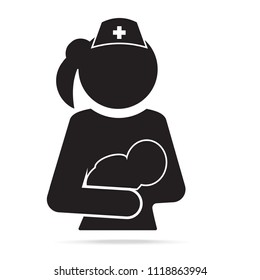 Nurse holding baby in hand icon. Protection or care baby concept