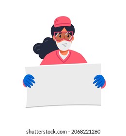 Nurse Holding Blank White Poster, Young Nurse In Mask And Pink Scrubs Hold Empty Sign. Flat Style Cartoon Vector Illustration.