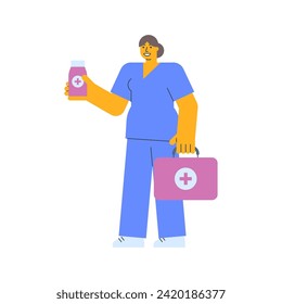 Nurse holding bottle with pills and holding suitcase. Vector Illustration