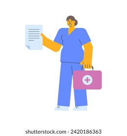 Nurse holding document and holding suitcase. Vector Illustration